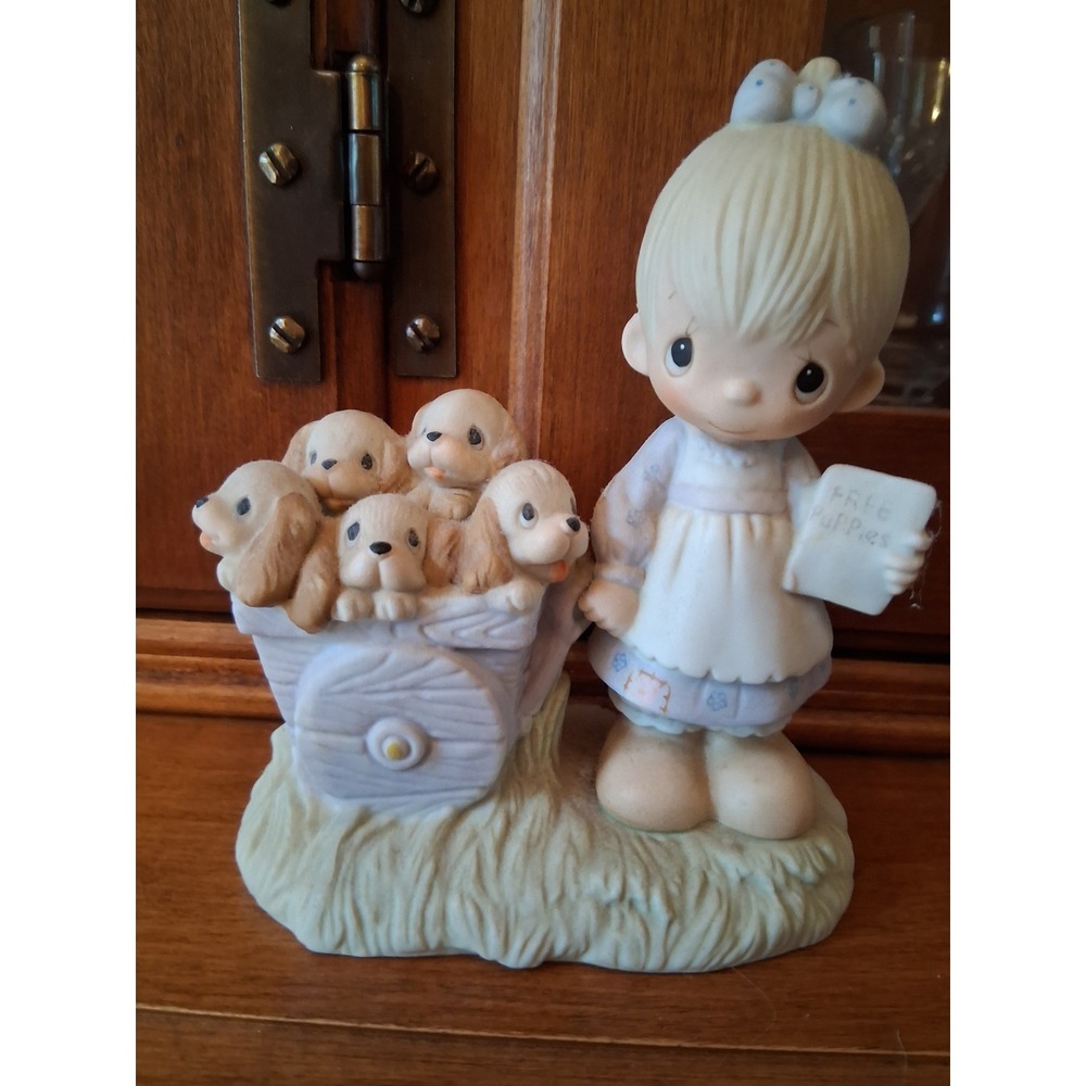 1977 Precious Moments God Loveth A Cheerful Giver Girl Puppies Figurine Enesco